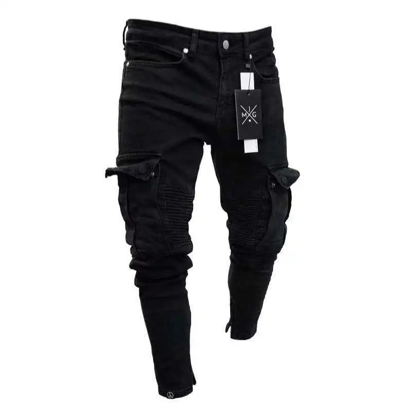 Street Elastic Jeans Men Denim Cargo Pants Wash Solid Color Multi Pockets Casual Mid Waist Trousers Slim Fit Daily Wear Joggers - Maison zamor
