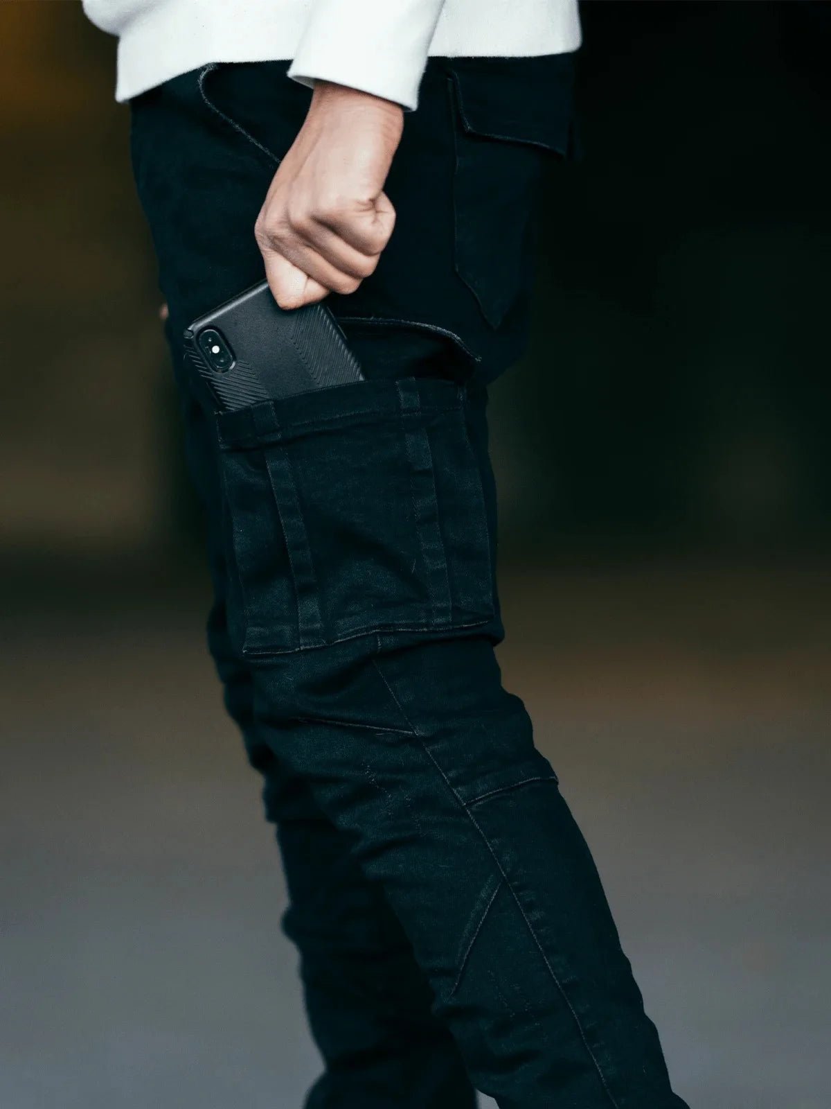 Street Elastic Jeans Men Denim Cargo Pants Wash Solid Color Multi Pockets Casual Mid Waist Trousers Slim Fit Daily Wear Joggers - Maison zamor