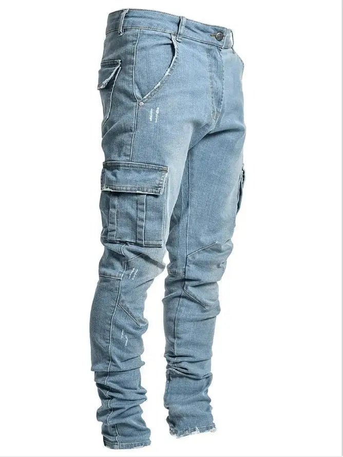 Street Elastic Jeans Men Denim Cargo Pants Wash Solid Color Multi Pockets Casual Mid Waist Trousers Slim Fit Daily Wear Joggers - Maison zamor