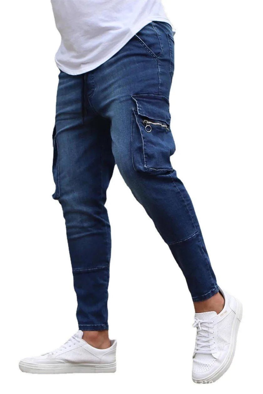 Street Elastic Jeans Men Denim Cargo Pants Wash Solid Color Multi Pockets Casual Mid Waist Trousers Slim Fit Daily Wear Joggers - Maison zamor
