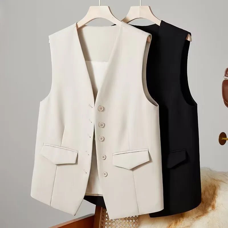 Vest Women Sleeveless Jacket Waistcoat V Neck Single Breasted Tops Outerwear Spring Summer Female 2025 Office Lady Vintage Coat - Maison zamor