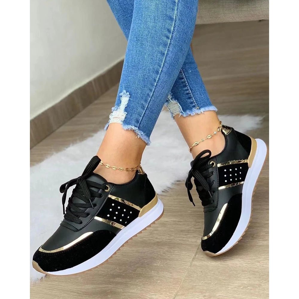 Women Contrast Paneled Lace - up Platform Boat Sneakers Spring Autumn Casual Sports Running Shoes Korean - Maison zamor